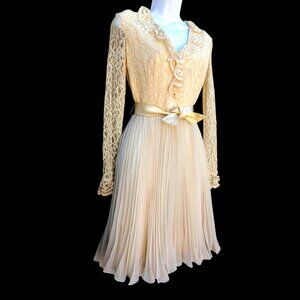 50s Chantilly Lace Beige Chiffon Vintage Dress XS Long Sleeve Pleated Wedding